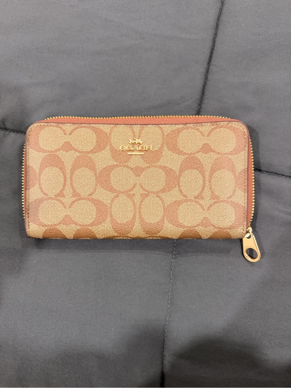 Coach Tan/Brown Signature Zip Wallet with Gold Hardware